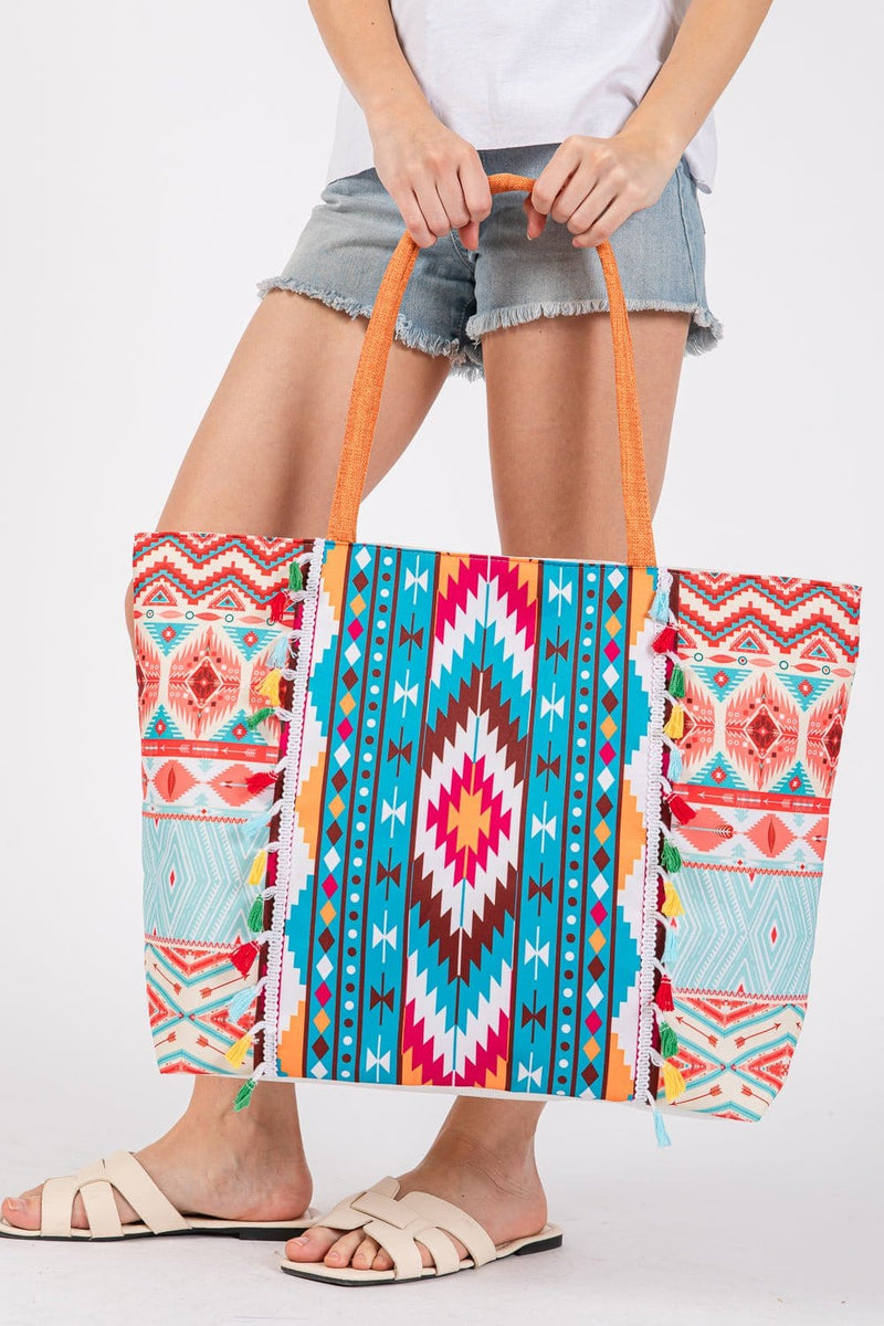 MB0302 Brianne Aztec Print Fringe Tote Bag - MiMi Wholesale