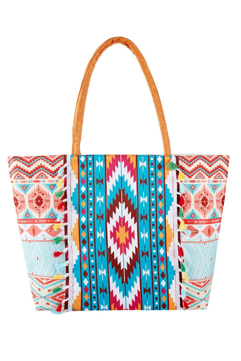 MB0302 Brianne Aztec Print Fringe Tote Bag - MiMi Wholesale