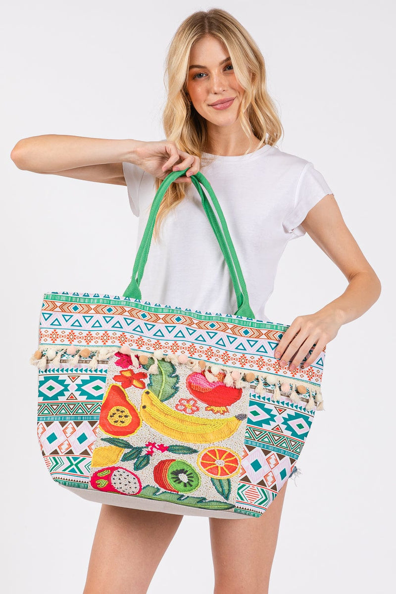 MB0306 Fruit Aztec Print Fringe Tote Bag - MiMi Wholesale