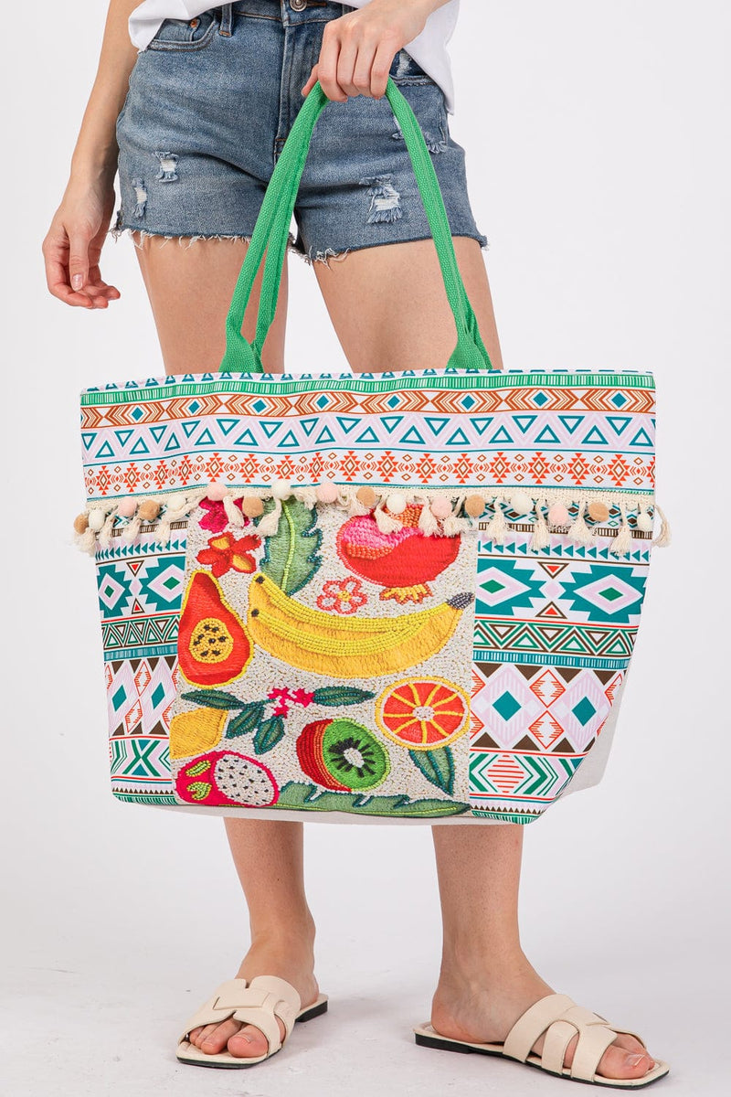 MB0306 Fruit Aztec Print Fringe Tote Bag - MiMi Wholesale