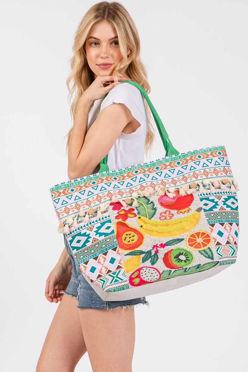 MB0306 Fruit Aztec Print Fringe Tote Bag - MiMi Wholesale