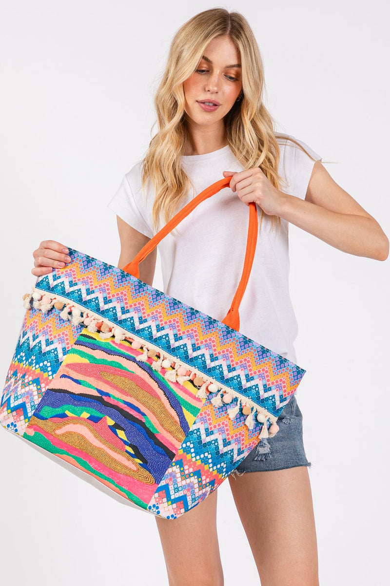 MB0307 Boho Print Pom Pom Fringe Tote Bag - MiMi Wholesale