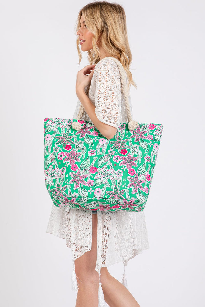 MB0311 Flower Print Rope Strap Tote Bag - MiMi Wholesale