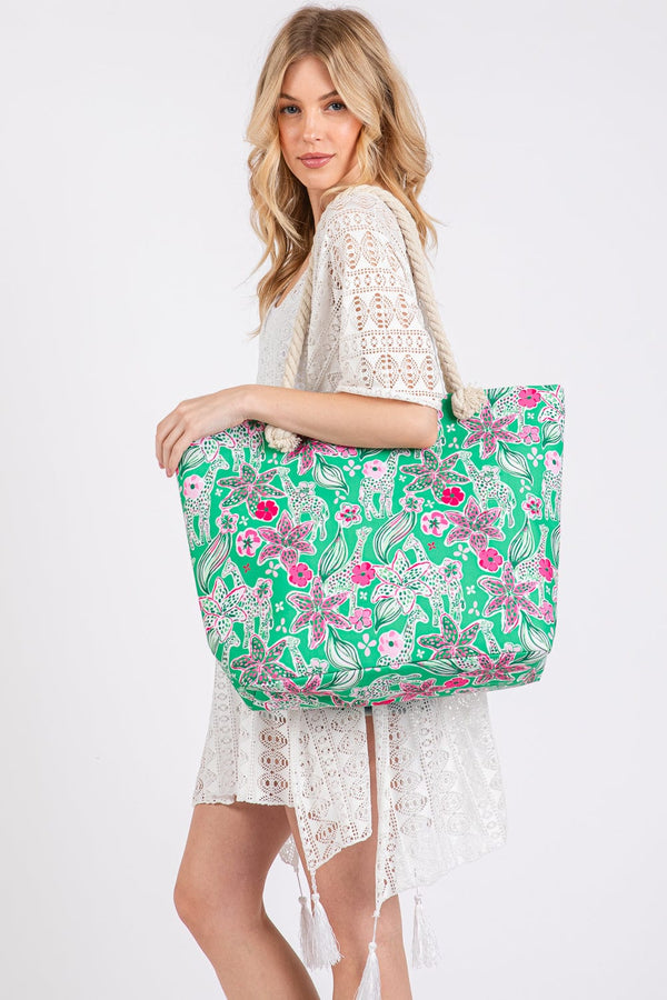 MB0311 Flower Print Rope Strap Tote Bag - MiMi Wholesale