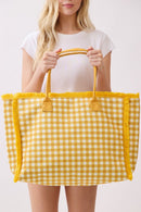 MB0327 Gingham Terry Cloth Fringe Beach Tote Bag - MiMi Wholesale