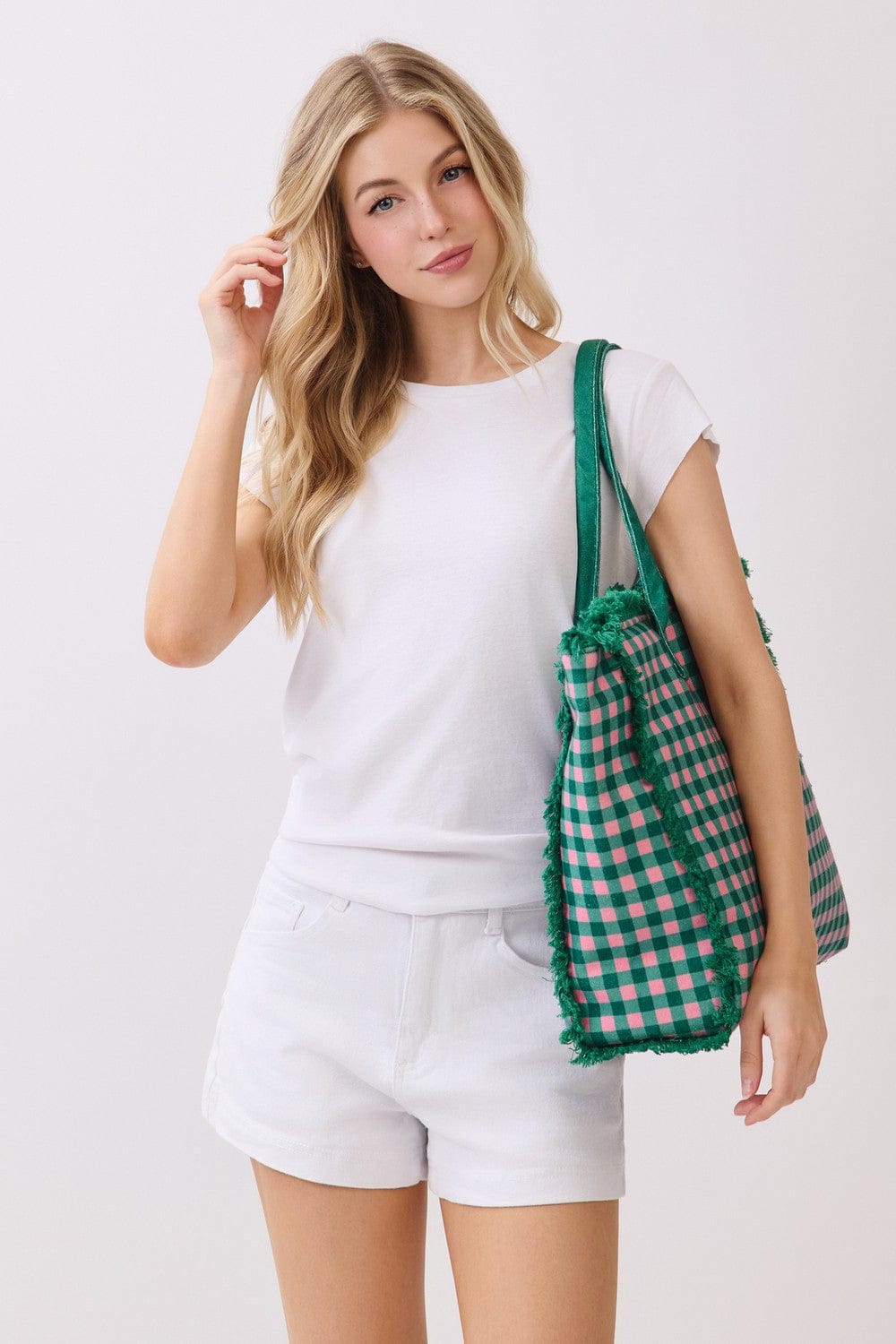 MB0327 Gingham Terry Cloth Fringe Beach Tote Bag - MiMi Wholesale