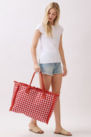MB0327 Gingham Terry Cloth Fringe Beach Tote Bag - MiMi Wholesale