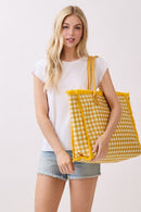 MB0327 Gingham Terry Cloth Fringe Beach Tote Bag - MiMi Wholesale