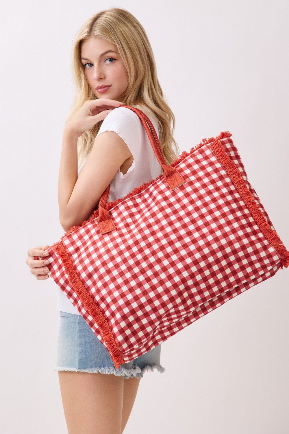 MB0327 Gingham Terry Cloth Fringe Beach Tote Bag - MiMi Wholesale