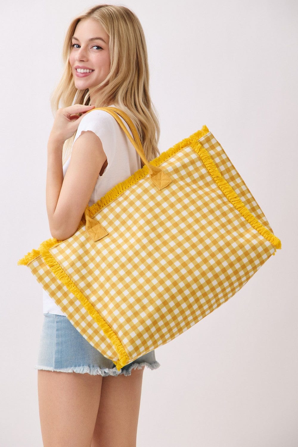 MB0327 Gingham Terry Cloth Fringe Beach Tote Bag - MiMi Wholesale