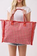 MB0327 Gingham Terry Cloth Fringe Beach Tote Bag - MiMi Wholesale