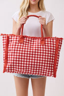MB0327 Gingham Terry Cloth Fringe Beach Tote Bag - MiMi Wholesale