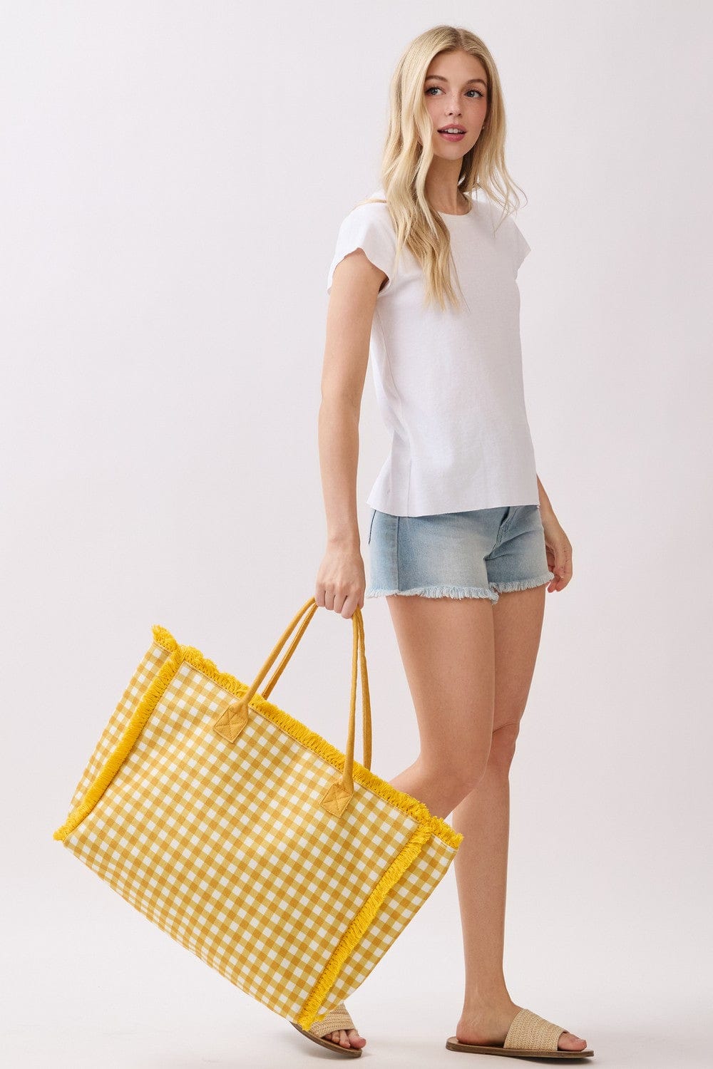 MB0327 Gingham Terry Cloth Fringe Beach Tote Bag - MiMi Wholesale