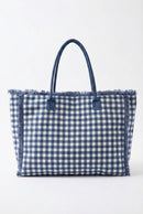 MB0327 Gingham Terry Cloth Fringe Beach Tote Bag - MiMi Wholesale