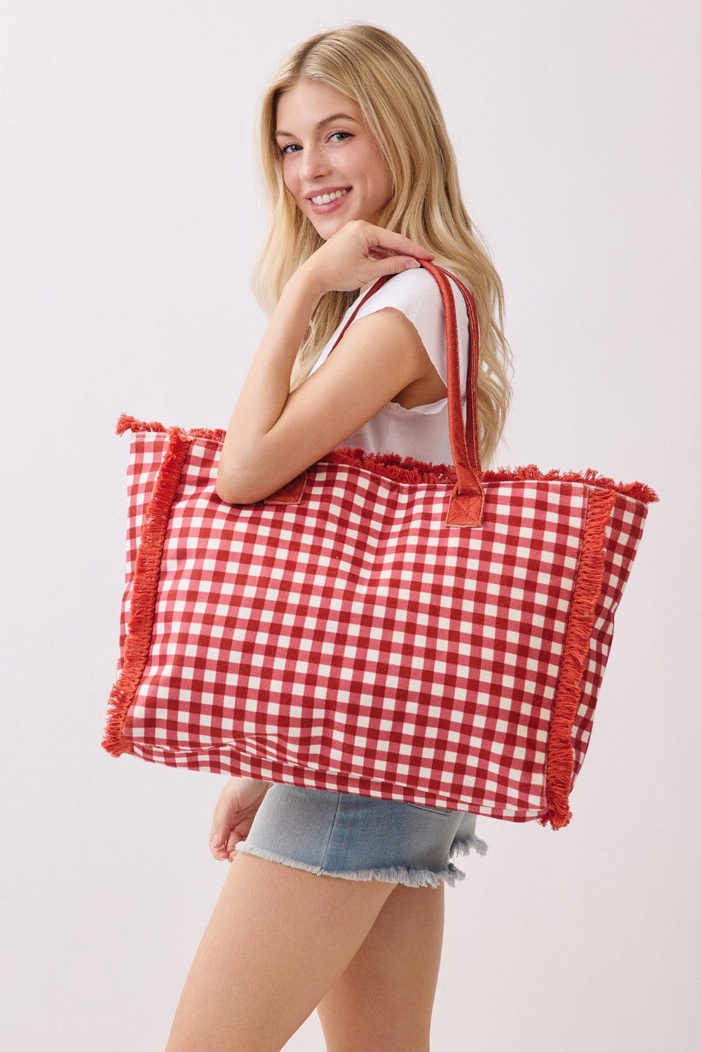 MB0327 Gingham Terry Cloth Fringe Beach Tote Bag - MiMi Wholesale