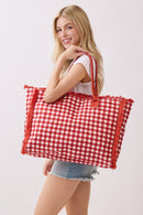 MB0327 Gingham Terry Cloth Fringe Beach Tote Bag - MiMi Wholesale