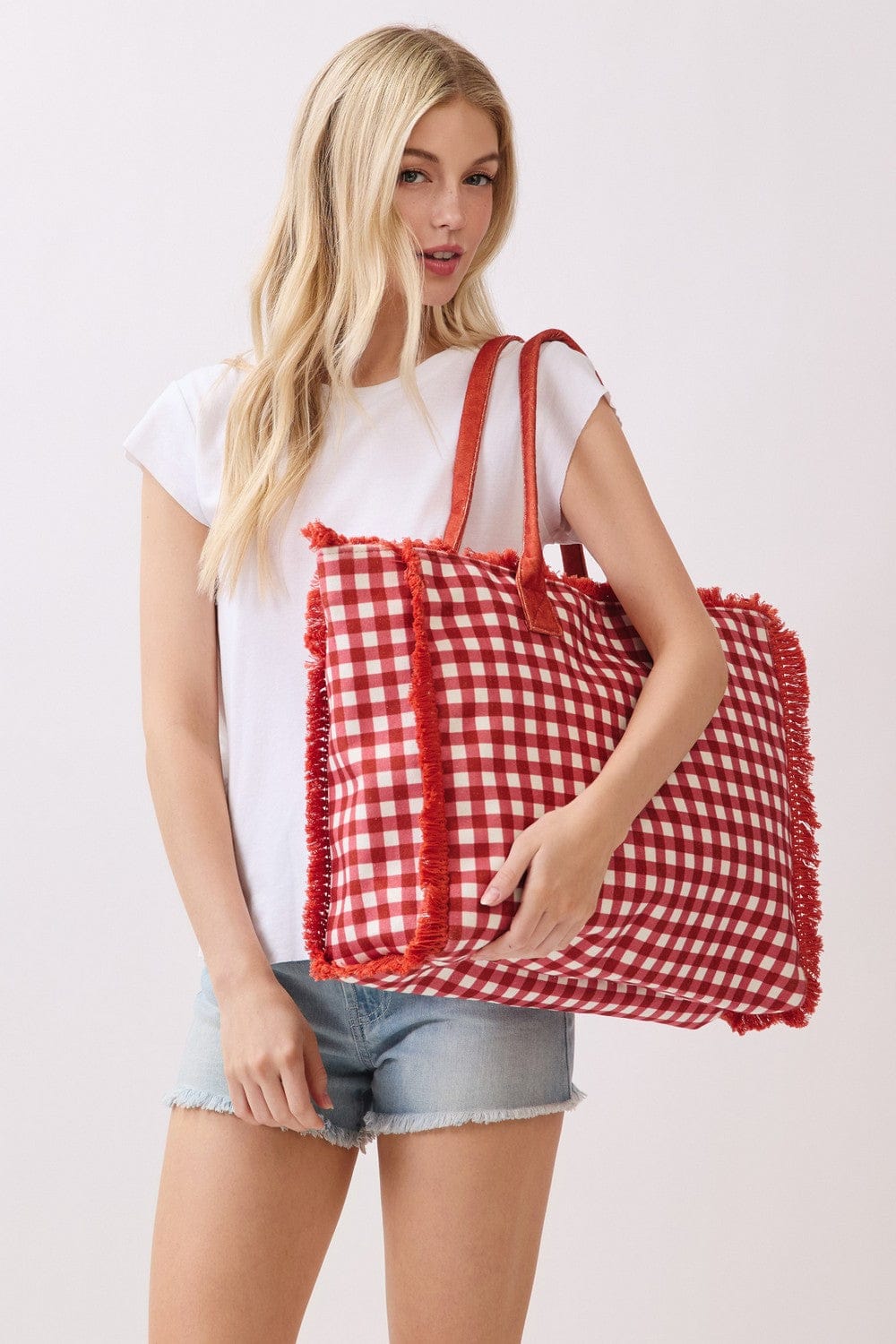 MB0327 Gingham Terry Cloth Fringe Beach Tote Bag - MiMi Wholesale