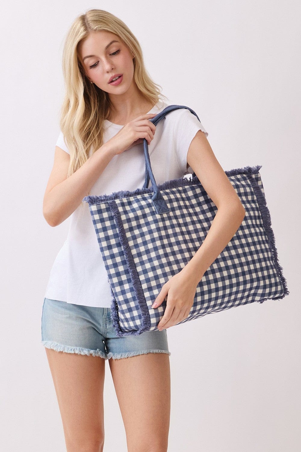 MB0327 Gingham Terry Cloth Fringe Beach Tote Bag - MiMi Wholesale