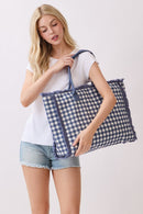 MB0327 Gingham Terry Cloth Fringe Beach Tote Bag - MiMi Wholesale