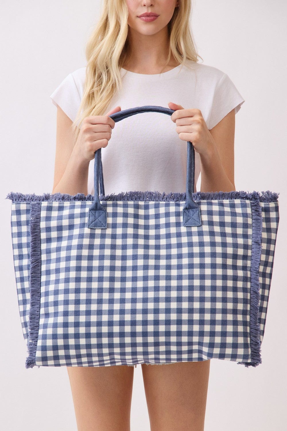 MB0327 Gingham Terry Cloth Fringe Beach Tote Bag - MiMi Wholesale