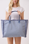MB0327 Gingham Terry Cloth Fringe Beach Tote Bag - MiMi Wholesale