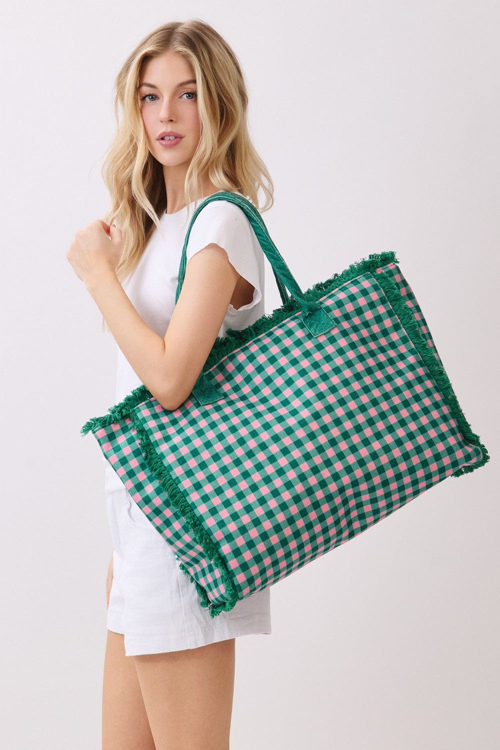 MB0327 Gingham Terry Cloth Fringe Beach Tote Bag - MiMi Wholesale
