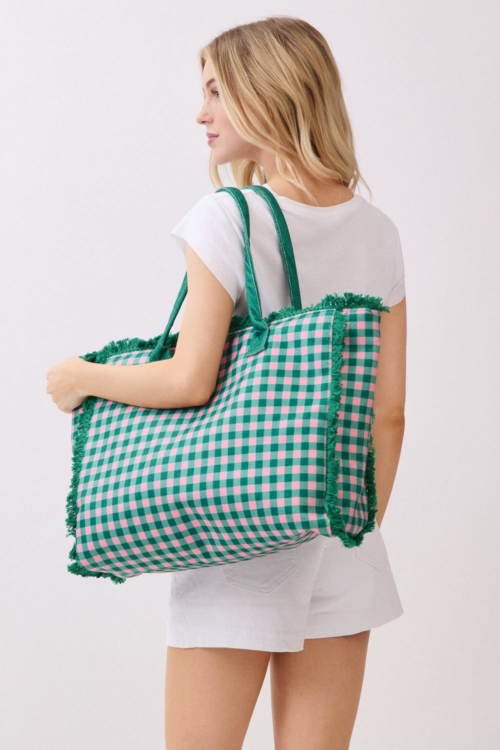 MB0327 Gingham Terry Cloth Fringe Beach Tote Bag - MiMi Wholesale