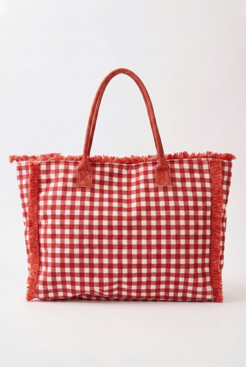MB0327 Gingham Terry Cloth Fringe Beach Tote Bag - MiMi Wholesale