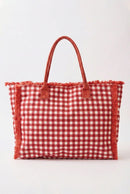 MB0327 Gingham Terry Cloth Fringe Beach Tote Bag - MiMi Wholesale