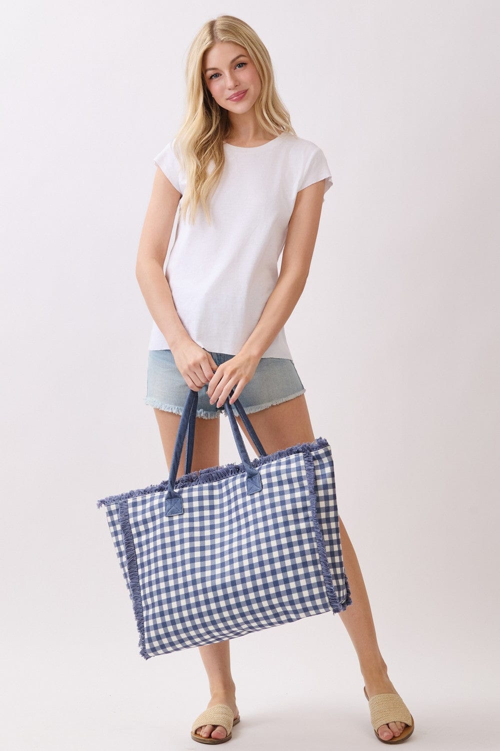 MB0327 Gingham Terry Cloth Fringe Beach Tote Bag - MiMi Wholesale