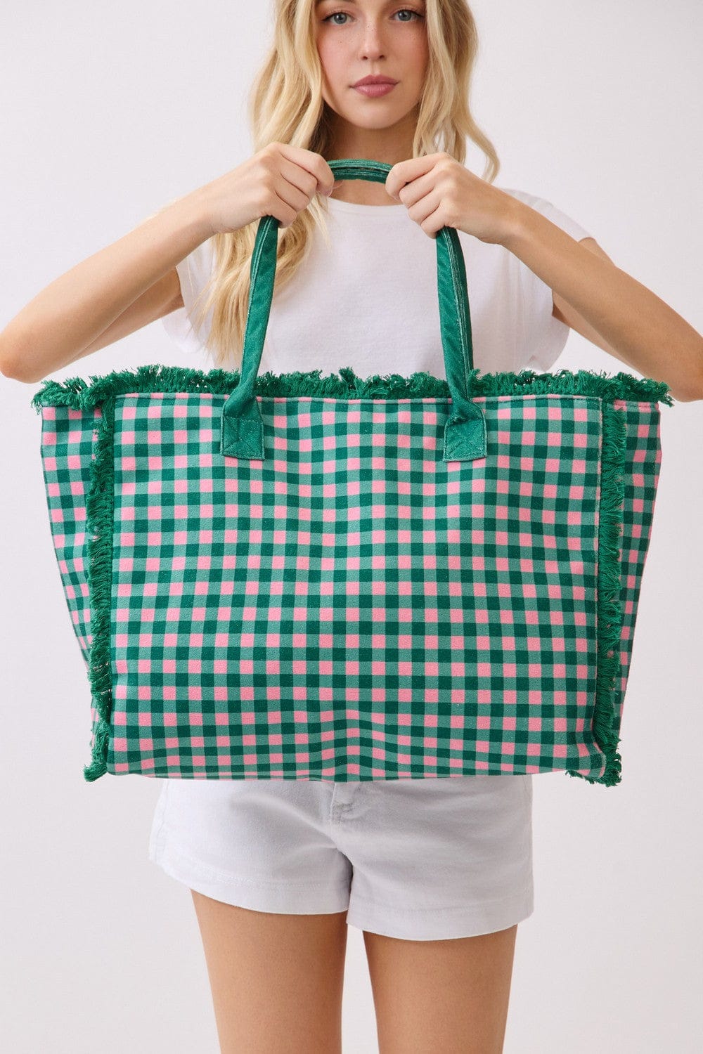 MB0327 Gingham Terry Cloth Fringe Beach Tote Bag - MiMi Wholesale