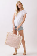 MB0328 Boho Geometric Elephant Print Fringe Beach Tote Bag - MiMi Wholesale