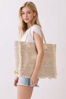 MB0328 Boho Geometric Elephant Print Fringe Beach Tote Bag - MiMi Wholesale