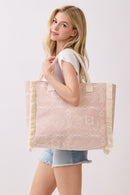 MB0328 Boho Geometric Elephant Print Fringe Beach Tote Bag - MiMi Wholesale