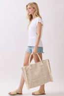 MB0328 Boho Geometric Elephant Print Fringe Beach Tote Bag - MiMi Wholesale