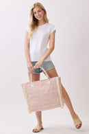 MB0328 Boho Geometric Elephant Print Fringe Beach Tote Bag - MiMi Wholesale