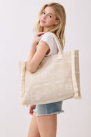 MB0328 Boho Geometric Elephant Print Fringe Beach Tote Bag - MiMi Wholesale