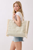 MB0328 Boho Geometric Elephant Print Fringe Beach Tote Bag - MiMi Wholesale