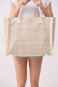 MB0328 Boho Geometric Elephant Print Fringe Beach Tote Bag - MiMi Wholesale