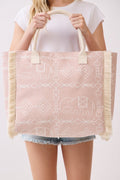 MB0328 Boho Geometric Elephant Print Fringe Beach Tote Bag - MiMi Wholesale
