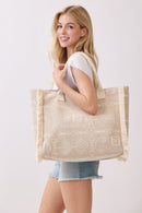 MB0328 Boho Geometric Elephant Print Fringe Beach Tote Bag - MiMi Wholesale