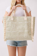 MB0328 Boho Geometric Elephant Print Fringe Beach Tote Bag - MiMi Wholesale