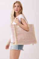 MB0328 Boho Geometric Elephant Print Fringe Beach Tote Bag - MiMi Wholesale