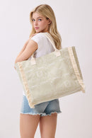 MB0328 Boho Geometric Elephant Print Fringe Beach Tote Bag - MiMi Wholesale