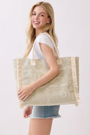 MB0328 Boho Geometric Elephant Print Fringe Beach Tote Bag - MiMi Wholesale
