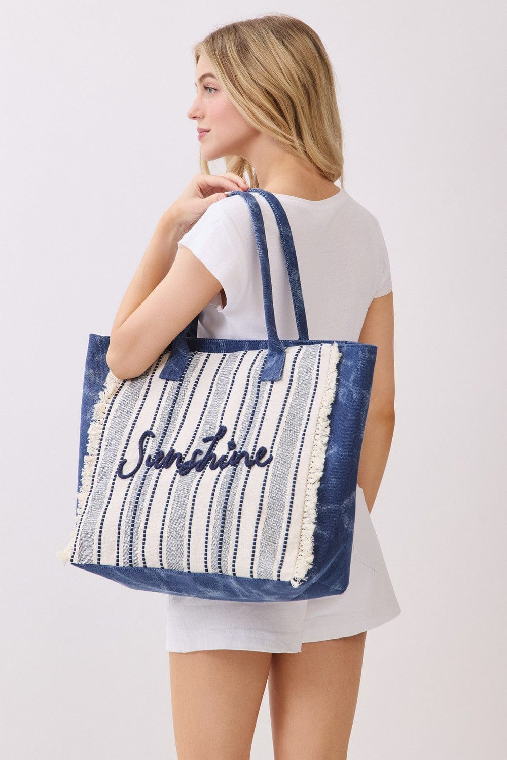 MB0329 Vintage Sunshine Strip Fringe Beach Tote Bag - MiMi Wholesale