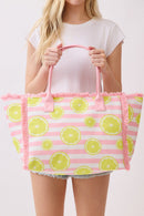 MB0332 Lemon Stripe Fringe Beach Tote Bag - MiMi Wholesale