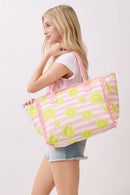 MB0332 Lemon Stripe Fringe Beach Tote Bag - MiMi Wholesale