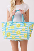MB0332 Lemon Stripe Fringe Beach Tote Bag - MiMi Wholesale