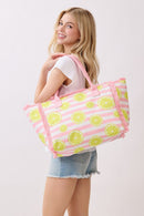 MB0332 Lemon Stripe Fringe Beach Tote Bag - MiMi Wholesale
